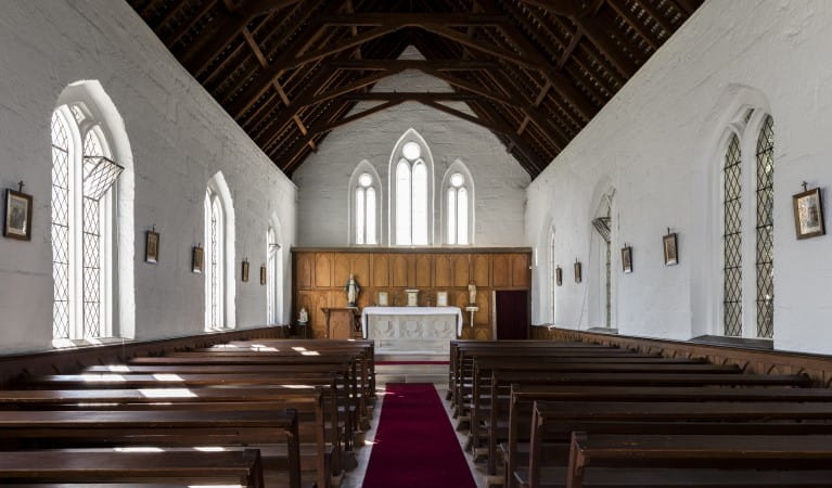 The interior of Former St Bernards Church looking towards the altar in Hartley Historic Site. Photo: Jennifer Leahy &copy; DPIE