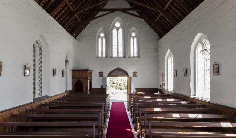 The interior of Former St Bernards Church looking towards the main door in Hartley Historic Site. Photo: Jennifer Leahy &copy; DPIE